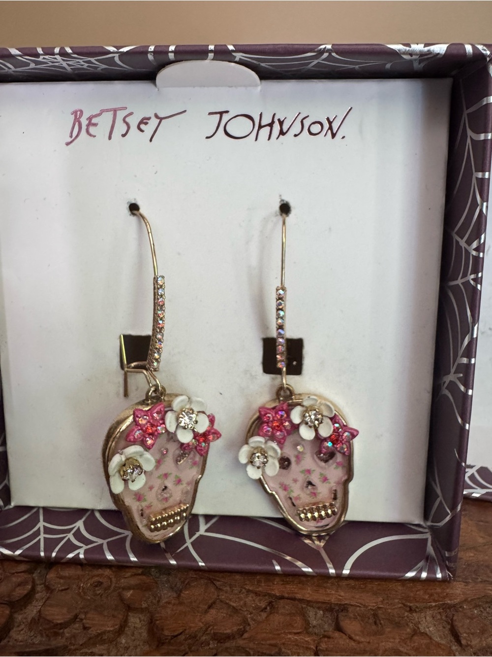 Betsey Johnson Pink Sugar Skull Drop Earrings Floral Whimsigoth Day of the Dead